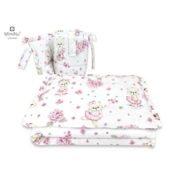 Lenjerie patut cu 4 piese MimiNu din bumbac cu protectii laterale si volanase 120x60 cm Pink Ballerina