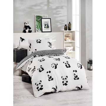 Lenjerie de pat pentru o persoana, 2 piese, 140x200 cm, amestec bumbac, EnLora Home, Panda, negru