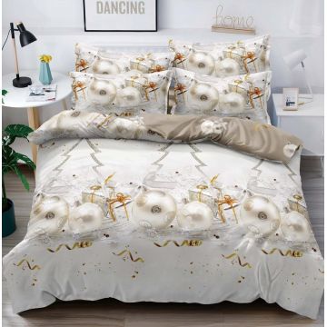 Lenjerie de Craciun cu elastic, bumbac finet, pat dublu, globuri, alb/crem