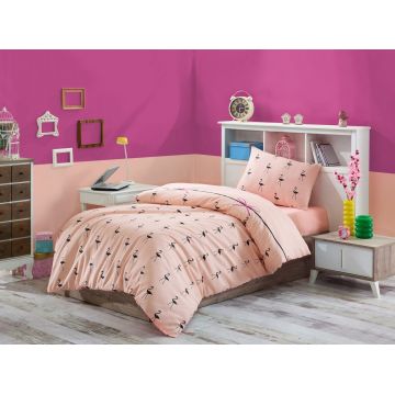 Lenjerie de pat pentru o persoana, Eponj Home, Flamingo 143EPJ01615, 2 piese, amestec bumbac, roz/negru