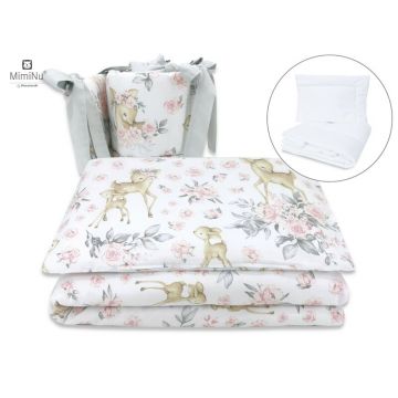 Set lenjerie patut 5 piese MimiNu cu pilota si perna din bumbac pentru patut 120x60 cm Sweet deer pink