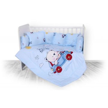 Lorelli - Set lenjerie pat , bumbac ranforsat , 7 piese , Lili Bear & Car Blue