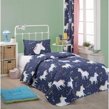 Set cuvertură pentru pat și față de pernă Eponj Home Magic Unicorn Dark Blue, 160 x 220 cm