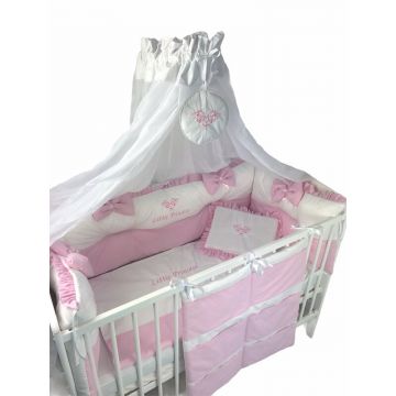 Lenjerie Little Princess cu aparatori în 2 culori pat 120x60 cm fundițe și buzunar accesorii Deseda Roz pal