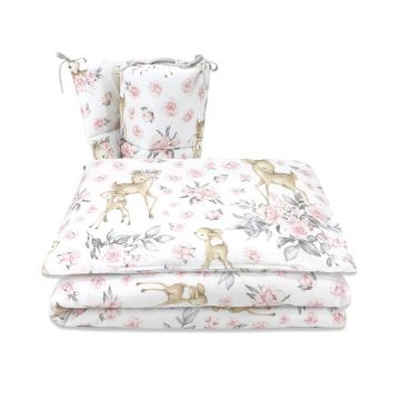 Lenjerie patut cu 3 piese, MimiNu, Pentru patut 120x60 cm, Cu protectie laterala, Din bumbac certificat Oeko Tex Standard 100, Sweet Deer Pink