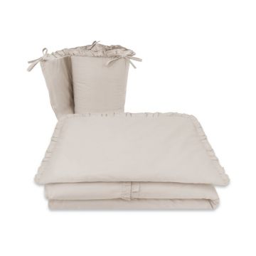 Lenjerie patut cu 3 piese, MimiNu, Pentru patut 120x60 cm, Cu volanase, Cu protectie laterala, Din bumbac certificat Oeko Tex Standard 100, Colectia Royal, Beige