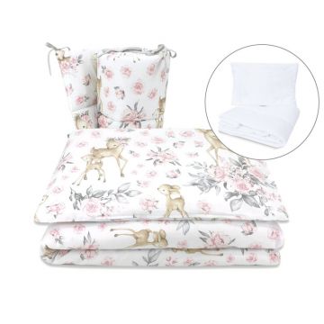 Lenjerie patut cu 5 piese, MimiNu, Pentru patut 120x60 cm, Cu pilota si perna, Din bumbac certificat Oeko Tex Standard 100, Sweet Deer Pink