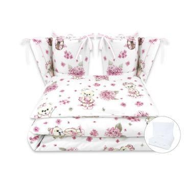 Lenjerie patut cu 6 piese, MimiNu, Pentru patut 120x60 cm, Cu pilota si perna, Cu doua aparatori laterale, Din bumbac certificat Oeko Tex Standard 100, Design, Pink Ballerina