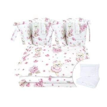 Lenjerie patut cu 6 piese, MimiNu, Pentru patut 120x60 cm, Cu pilota si perna, Cu doua aparatori laterale, Din bumbac certificat Oeko Tex Standard 100, Design, Pink Ballerina