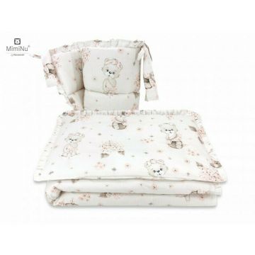 MimiNu - Lenjerie patut 3 piese, Cu protectie laterala, Cu volanase, Din bumbac certificat Oeko Tex Standard 100, Pentru patut 120x60 cm, Design, Powdery Pink Ballerina