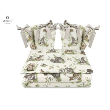 MimiNu - Lenjerie patut cu 4 piese, Cu doua protectii laterale, Din bumbac certificat Oeko Tex Standard 100, Pentru patut 120x60 cm, Design, Calm Forest Natural