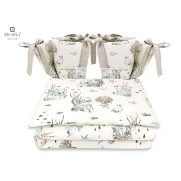 MimiNu - Lenjerie patut cu 4 piese, Cu doua protectii laterale, Din bumbac certificat Oeko Tex Standard 100, Pentru patut 120x60 cm, Design, Seal Beige
