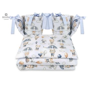 MimiNu - Lenjerie patut cu 4 piese, Cu doua protectii laterale, Din bumbac certificat Oeko Tex Standard 100, Pentru patut 120x60 cm, Parachutes Blue