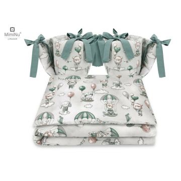 MimiNu - Lenjerie patut cu 4 piese, Cu doua protectii laterale, Din bumbac certificat Oeko Tex Standard 100, Pentru patut 120x60 cm, Parachutes Olive