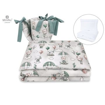 MimiNu - Set lenjerie patut 5 piese, Cu pilota si perna, Din bumbac certificat Oeko Tex Standard 100, Pentru patut 120x60 cm, Parachutes Olive