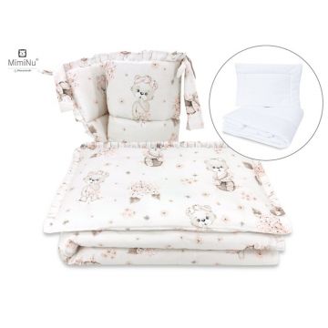 MimiNu - Set lenjerie patut 5 piese, Cu volanase, Cu pilota si perna, Din bumbac certificat Oeko Tex Standard 100, Pentru patut 120x60 cm, Design, Powdery Pink Ballerina