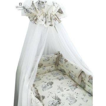 MimiNu - Set lenjerie patut 8 piese, Cu baldachin cu fundita 400 x 170 cm, Din bumbac certificat Oeko Tex Standard 100, Pentru patut 120x60 cm, Design, Seal Beige