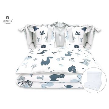 MimiNu - Set lenjerie patut cu 6 piese, Cu pilota si perna, Cu doua aparatori laterale, Din bumbac certificat Oeko Tex Standard 100, Pentru patut 120x60 cm, Dino Granat
