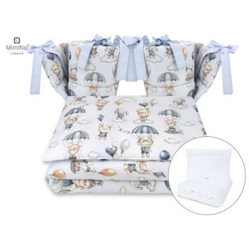 MimiNu - Set lenjerie patut cu 6 piese, Cu pilota si perna, Cu doua aparatori laterale, Din bumbac certificat Oeko Tex Standard 100, Pentru patut 120x60 cm, Parachutes Blue
