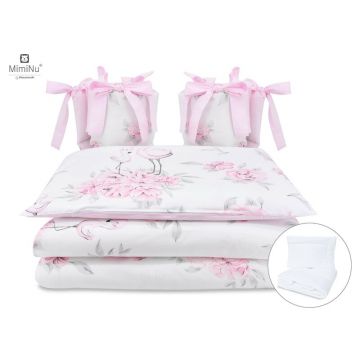 MimiNu - Set lenjerie patut cu 6 piese, Cu pilota si perna, Cu doua aparatori laterale, Din bumbac certificat Oeko Tex Standard 100, Pentru patut 120x60 cm, Peonie Pink