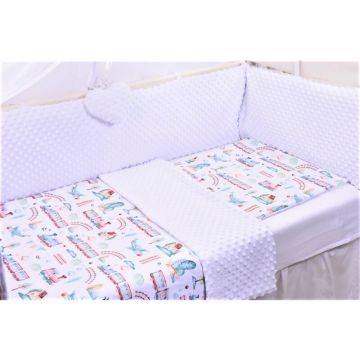 Paturica fermecata - Lenjerie 3 piese patut 140x70 cm model trenulete si plus alb