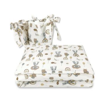 Qmini - Lenjerie patut 3 piese, Cu protectie laterala, Din bumbac certificat Oeko Tex Standard 100, Pentru patut 120x60 cm, Teddy Bears on Rainbow, Beige