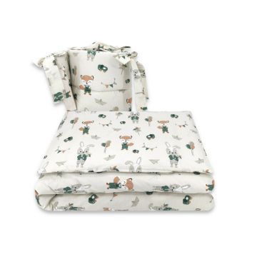 Qmini - Lenjerie patut 3 piese, Cu protectie laterala, Din bumbac certificat Oeko Tex Standard 100, Pentru patut 140x70 cm, Fox and Rabbit, Beige