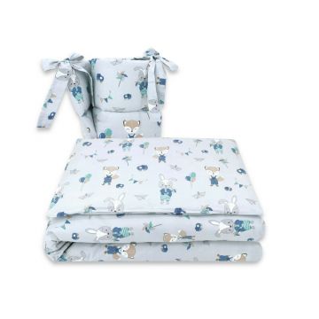 Qmini - Lenjerie patut 3 piese, Cu protectie laterala, Din bumbac certificat Oeko Tex Standard 100, Pentru patut 140x70 cm, Fox and Rabbit, Blue