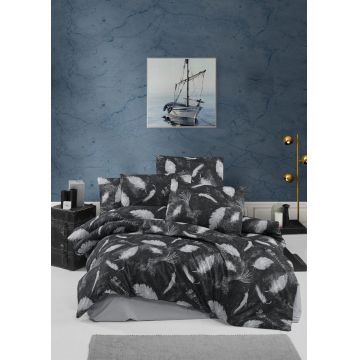 Lenjerie de pat dubla King (EU) Feather - Black, Victoria, 3 piese, 260x220 cm, bumbac ranforce, negru/gri