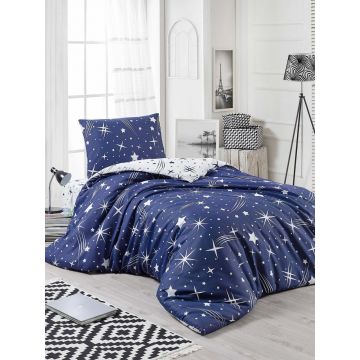 Lenjerie de pat pentru o persoana, EnLora Home, Halley - Dark Blue, 2 piese, amestec bumbac, alb/bleumarin