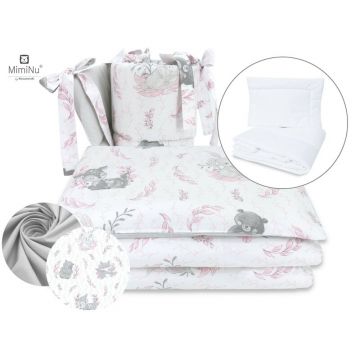 MimiNu - Set lenjerie patut 5 piese, Cu pilota si perna, Din bumbac certificat Oeko Tex Standard 100, Pentru patut 120x60 cm, Lulu Rose