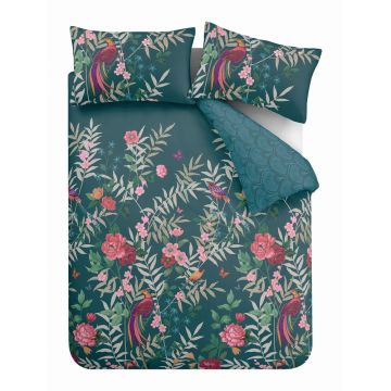 Lenjerie verde pentru pat de o persoană 135x200 cm Tropical Floral Birds - Catherine Lansfield