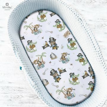 MimiNu - Cearceaf cu elastic pentru landou, carucior si cosulet, Dimensiune 80x35 cm, Din bumbac certificat Oeko Tex Standard 100, Design, Pirates Blue