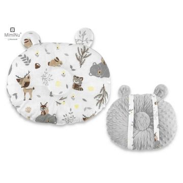 MimiNu - Perna bebelusi Ursulet, Multifunctionala, Cu doua fete, Tesatura pufoasa minky si bumbac, Materiale certificate Oeko Tex Standard 100, Minky Forest Friends Beige