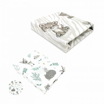 MimiNu - Set 2 cearceafuri cu elastic, Din bumbac certificat Oeko Tex Standard 100, Pentru patut 120x60 cm, Safari Beige + Forest friends Mint