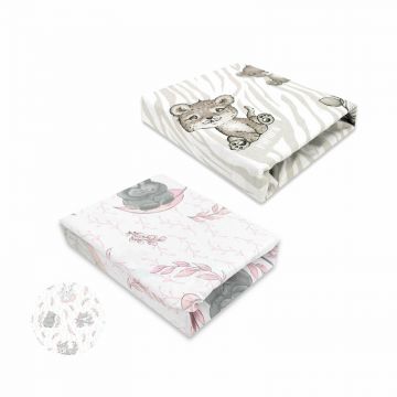 MimiNu - Set 2 cearceafuri cu elastic, Din bumbac certificat Oeko Tex Standard 100, Pentru patut 120x60 cm, Safari Beige + Lulu Rose