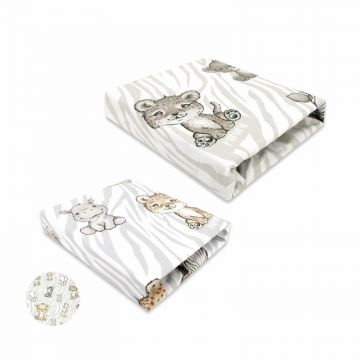 MimiNu - Set 2 cearceafuri cu elastic, Din bumbac certificat Oeko Tex Standard 100, Pentru patut 120x60 cm, Safari Beige + Safari Natural
