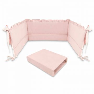 MimiNu - Set cearceaf cu elastic pentru patut 120x60 cm + aparatoare patut cu panglici, Din bumbac certificat Oeko Tex Standard 100, Cu inaltimea de 30 cm, Colectia Royal Powder Pink