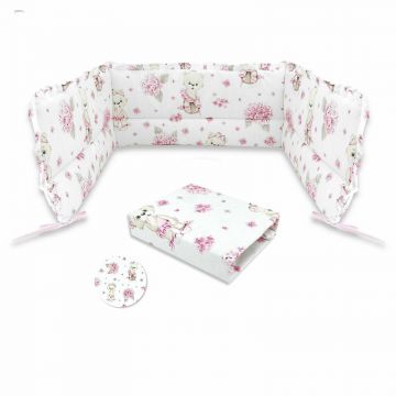 MimiNu - Set cearceaf cu elastic pentru patut 120x60 cm + aparatoare patut cu panglici, Din bumbac certificat Oeko Tex Standard 100, Cu inaltimea de 30 cm, Design Pink Ballerina