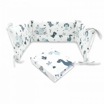MimiNu - Set cearceaf cu elastic pentru patut 120x60 cm + aparatoare patut cu panglici, Din bumbac certificat Oeko Tex Standard 100, Cu inaltimea de 30 cm, Dino Granat