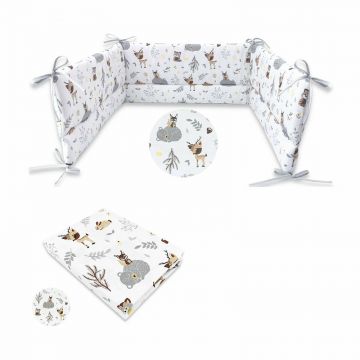 MimiNu - Set cearceaf cu elastic pentru patut 120x60 cm + aparatoare patut cu panglici, Din bumbac certificat Oeko Tex Standard 100, Cu inaltimea de 30 cm, Forest friends Beige