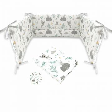 MimiNu - Set cearceaf cu elastic pentru patut 120x60 cm + aparatoare patut cu panglici, Din bumbac certificat Oeko Tex Standard 100, Cu inaltimea de 30 cm, Forest friends Mint