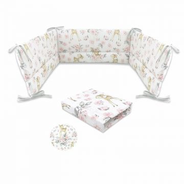 MimiNu - Set cearceaf cu elastic pentru patut 120x60 cm + aparatoare patut cu panglici, Din bumbac certificat Oeko Tex Standard 100, Cu inaltimea de 30 cm, Sweet Deer Pink