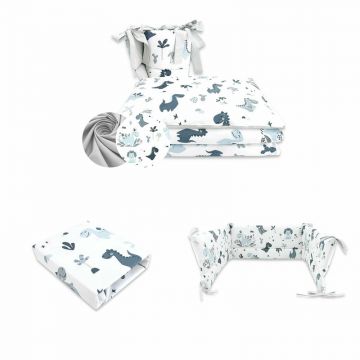 MimiNu - Set lenjerie 3 piese + aparatoare patut + cearceaf patut 120x60 cm, Din bumbac certificat Oeko Tex Standard 100, Dino Granat