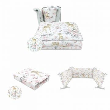 MimiNu - Set lenjerie 3 piese + aparatoare patut + cearceaf patut 120x60 cm, Din bumbac certificat Oeko Tex Standard 100, Sweet Deer Pink
