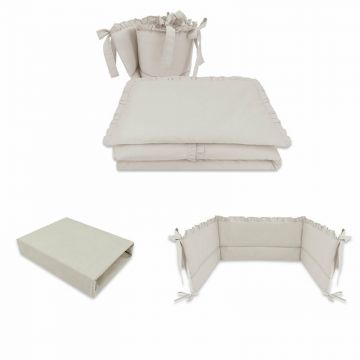 MimiNu - Set lenjerie 3 piese cu volanase + aparatoare patut + cearceaf patut 120x60 cm, Din bumbac certificat Oeko Tex Standard 100, Colectia Royal, Beige