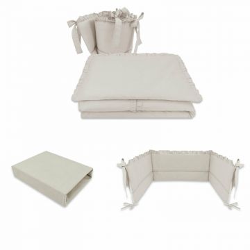 Set lenjerie, MimiNu, Cu 3 piese, Cu volanase + Aparatoare pentru patut + cearceaf patut 120x60 cm, Din bumbac certificat Oeko Tex Standard 100, Colectia Royal, Beige