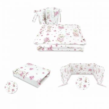 MimiNu - Set lenjerie 3 piese cu volanase + aparatoare patut + cearceaf patut 120x60 cm, Din bumbac certificat Oeko Tex Standard 100, Design, Pink Ballerina