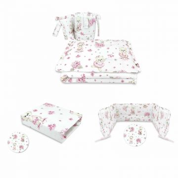 Set lenjerie, MimiNu, Cu 3 piese, Cu volanase + Aparatoare pentru patut + cearceaf patut 120x60 cm, Din bumbac certificat Oeko Tex Standard 100, Design, Pink Ballerina