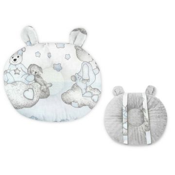 Qmini - Perna bebelusi Ursulet, Multifunctionala, Cu doua fete, Tesatura pufoasa minky si bumbac, Materiale certificate Oeko Tex Standard 100, Dimensiune 30x23 cm, Minky Teddy Bear with Blue Heart